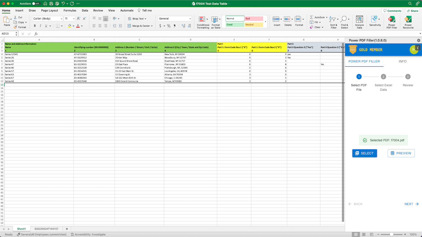 Step 1: Select a PDF form in the Power PDF Filler panel inside Excel