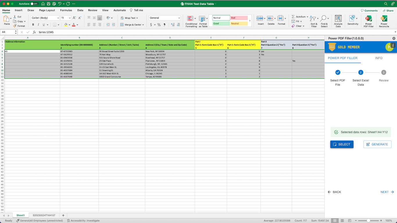 Step 2: Select Excel data rows and columns for batch filling